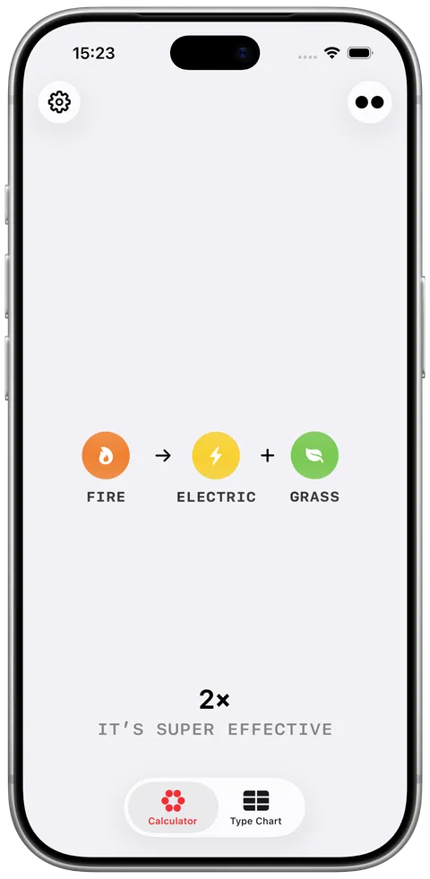 Fire and Electric against Grass, rated 2× super effective, with the type wheel down the right edge