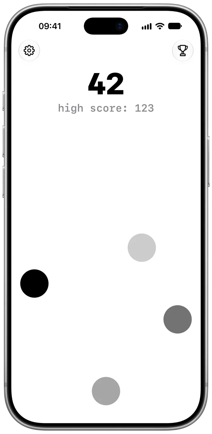 Agile mid-game, with a score of 42, a high score of 123, and grey dots scattered over a white screen