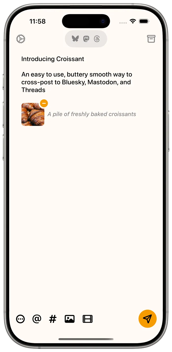 Croissant’s compose screen with Bluesky, Mastodon and Threads selected as destinations